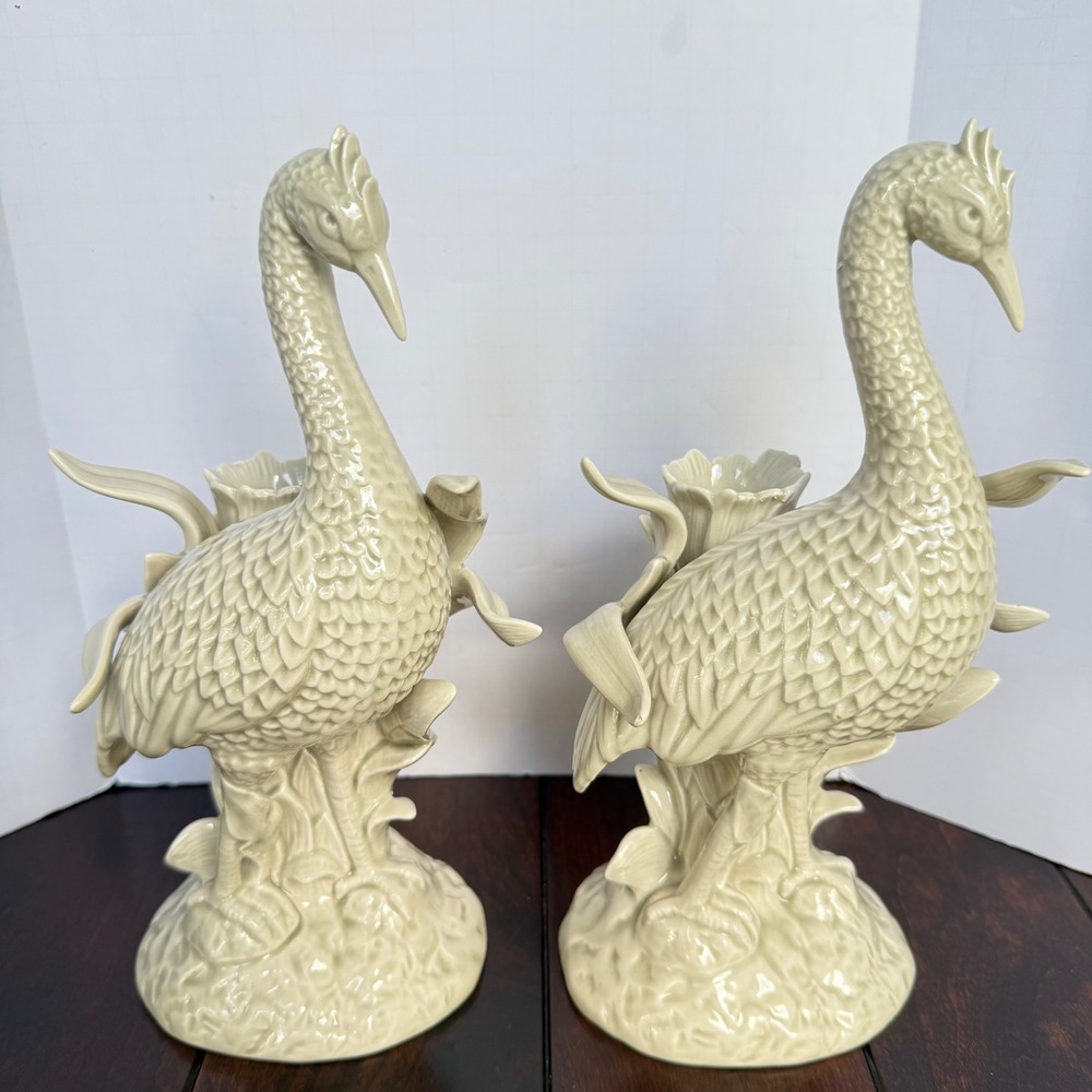Vintage 1977 Fitz and Floyd Heron Lotus Candlestick Holders Pair Cream Ceramic - Picture 3 of 9